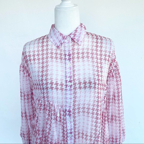 Topshop Pink Check Tiered Long Sleeve Asymmetrical Blouse Button Down Shirt - Picture 5 of 12